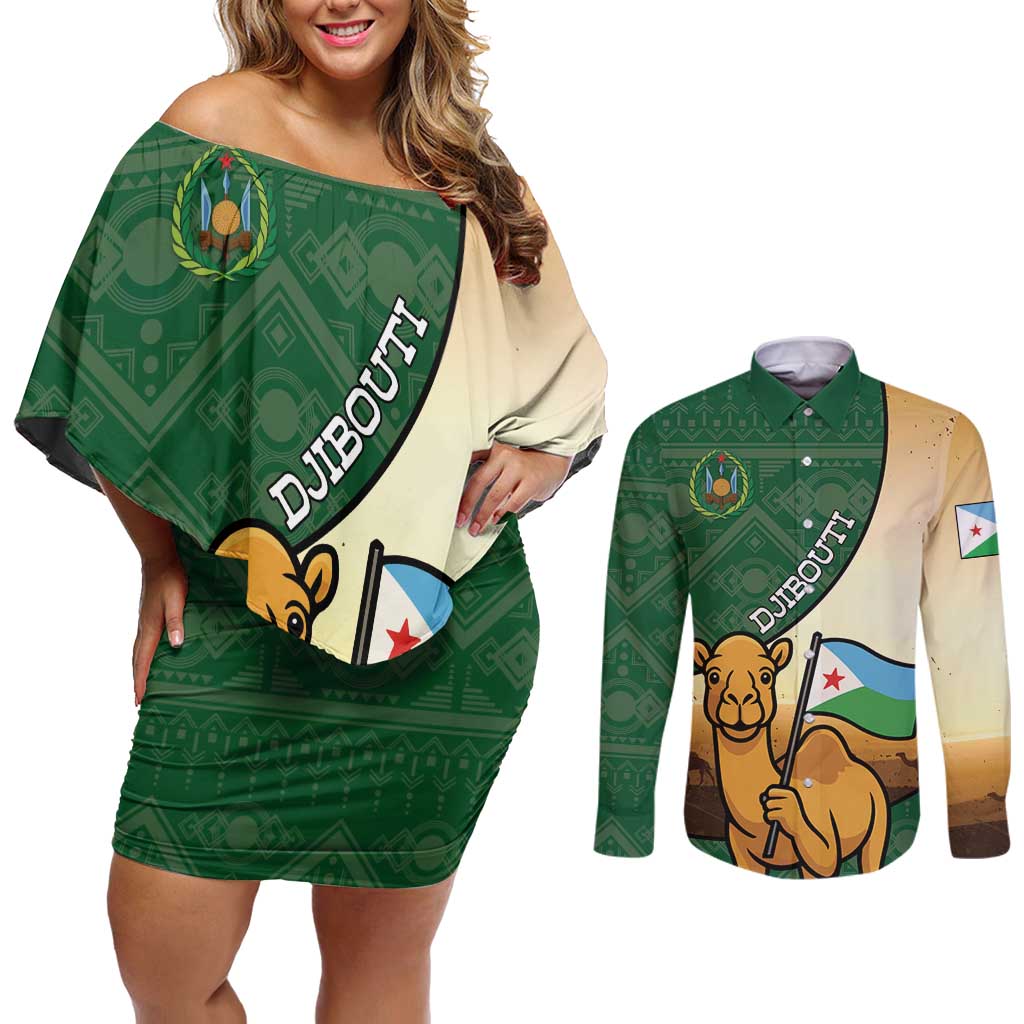 Personalized Djibouti Couples Matching Off Shoulder Short Dress and Long Sleeve Button Shirt Camel Holding Jabuuti Flag