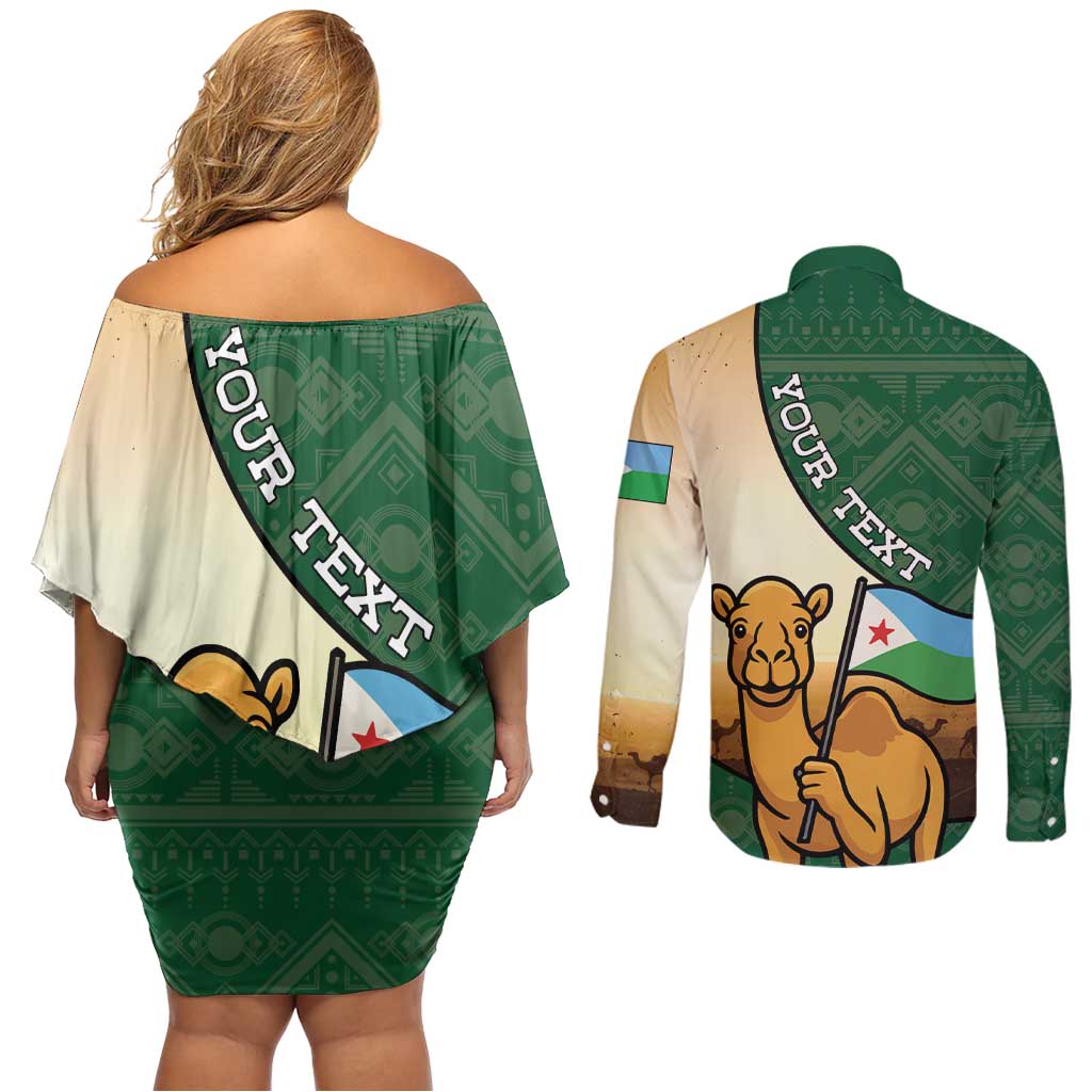 Personalized Djibouti Couples Matching Off Shoulder Short Dress and Long Sleeve Button Shirt Camel Holding Jabuuti Flag