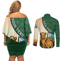 Personalized Djibouti Couples Matching Off Shoulder Short Dress and Long Sleeve Button Shirt Camel Holding Jabuuti Flag