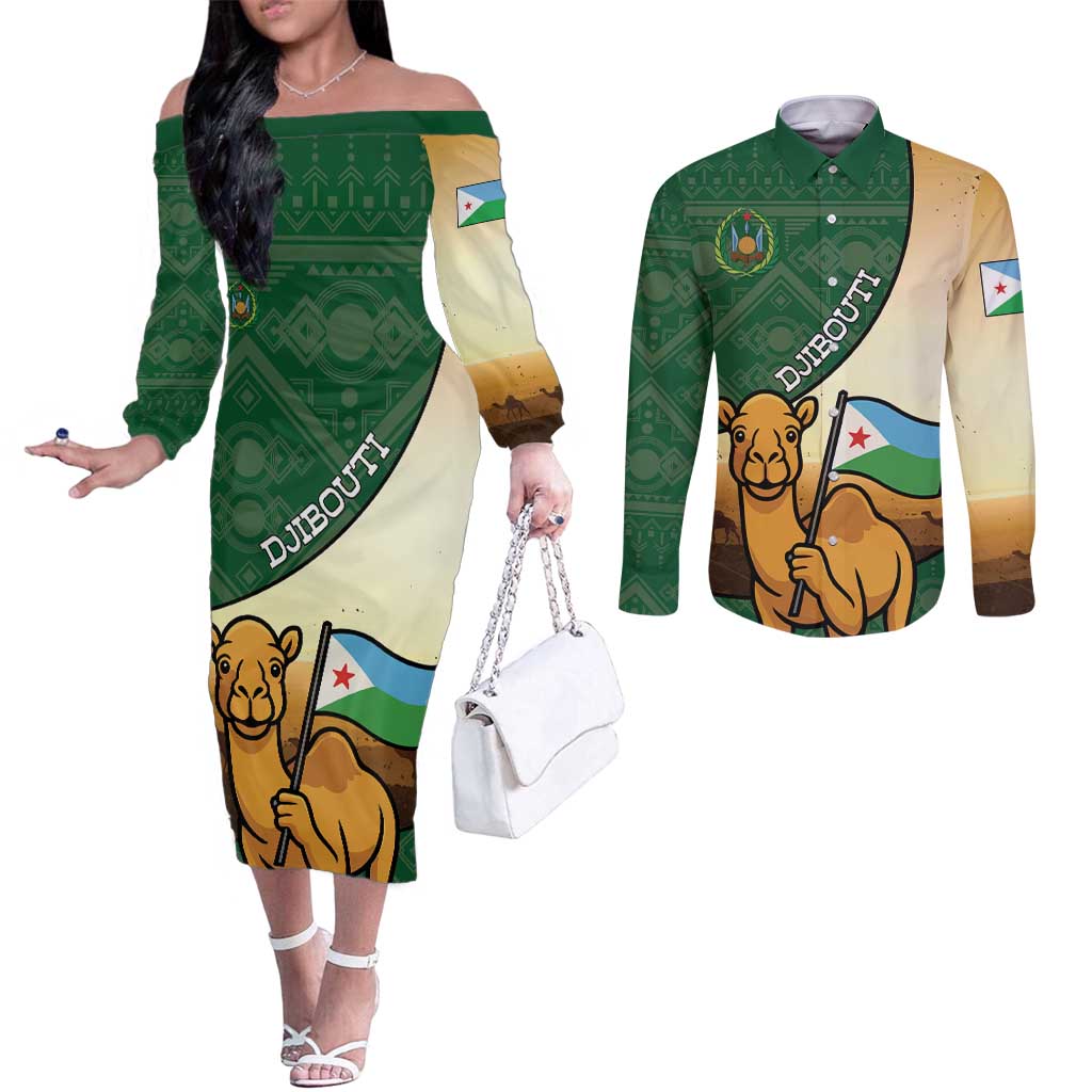 Personalized Djibouti Couples Matching Off The Shoulder Long Sleeve Dress and Long Sleeve Button Shirt Camel Holding Jabuuti Flag
