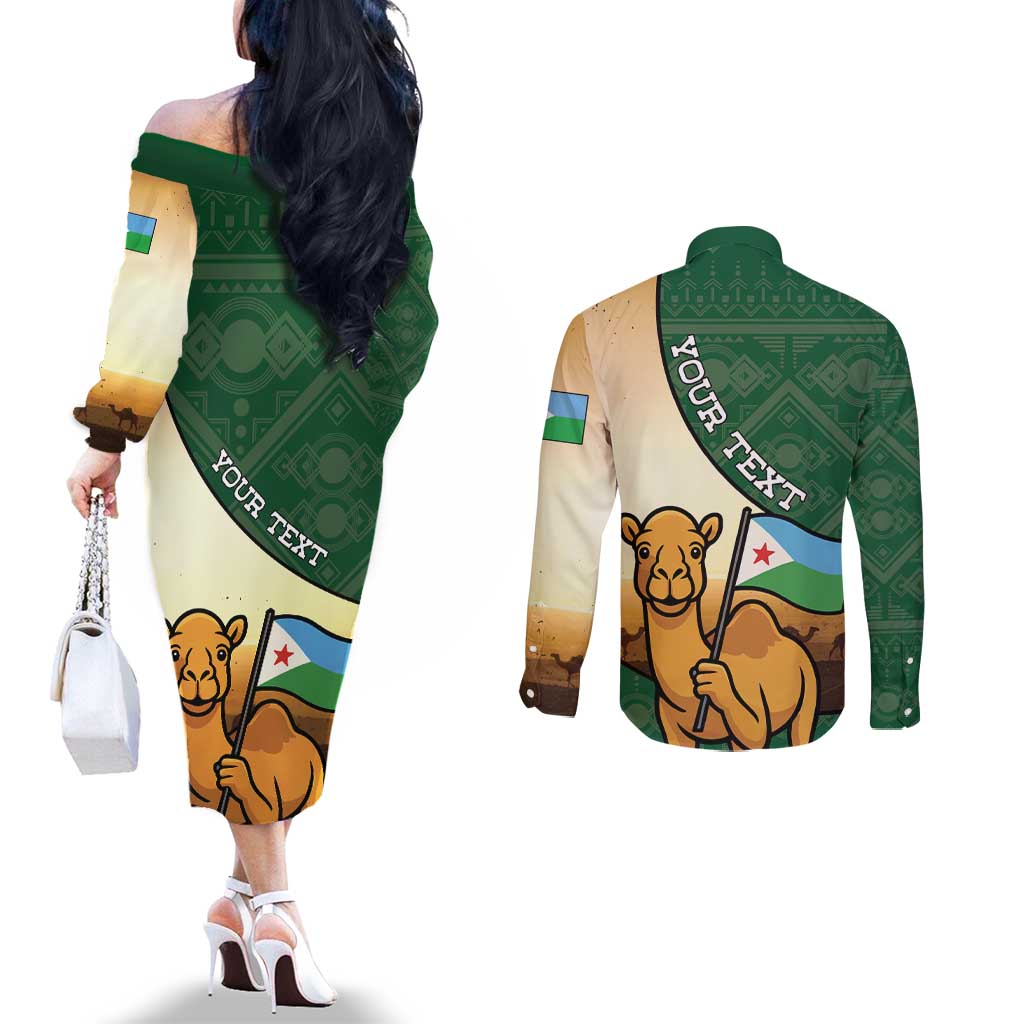 Personalized Djibouti Couples Matching Off The Shoulder Long Sleeve Dress and Long Sleeve Button Shirt Camel Holding Jabuuti Flag