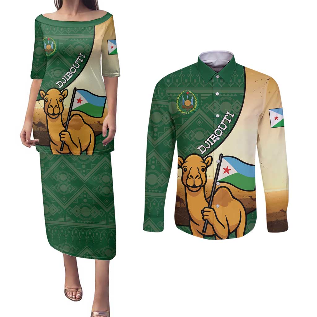 Personalized Djibouti Couples Matching Puletasi and Long Sleeve Button Shirt Camel Holding Jabuuti Flag