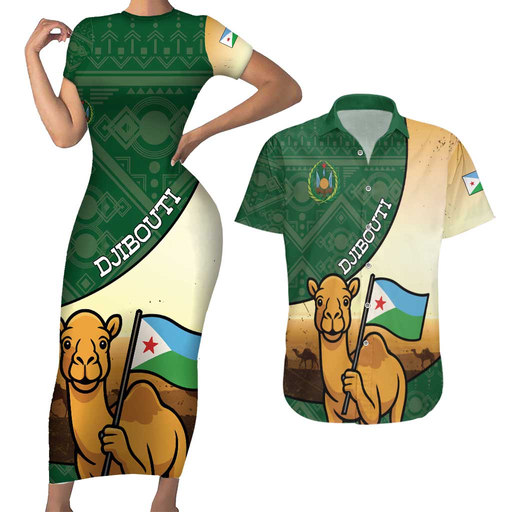 Personalized Djibouti Couples Matching Short Sleeve Bodycon Dress and Hawaiian Shirt Camel Holding Jabuuti Flag