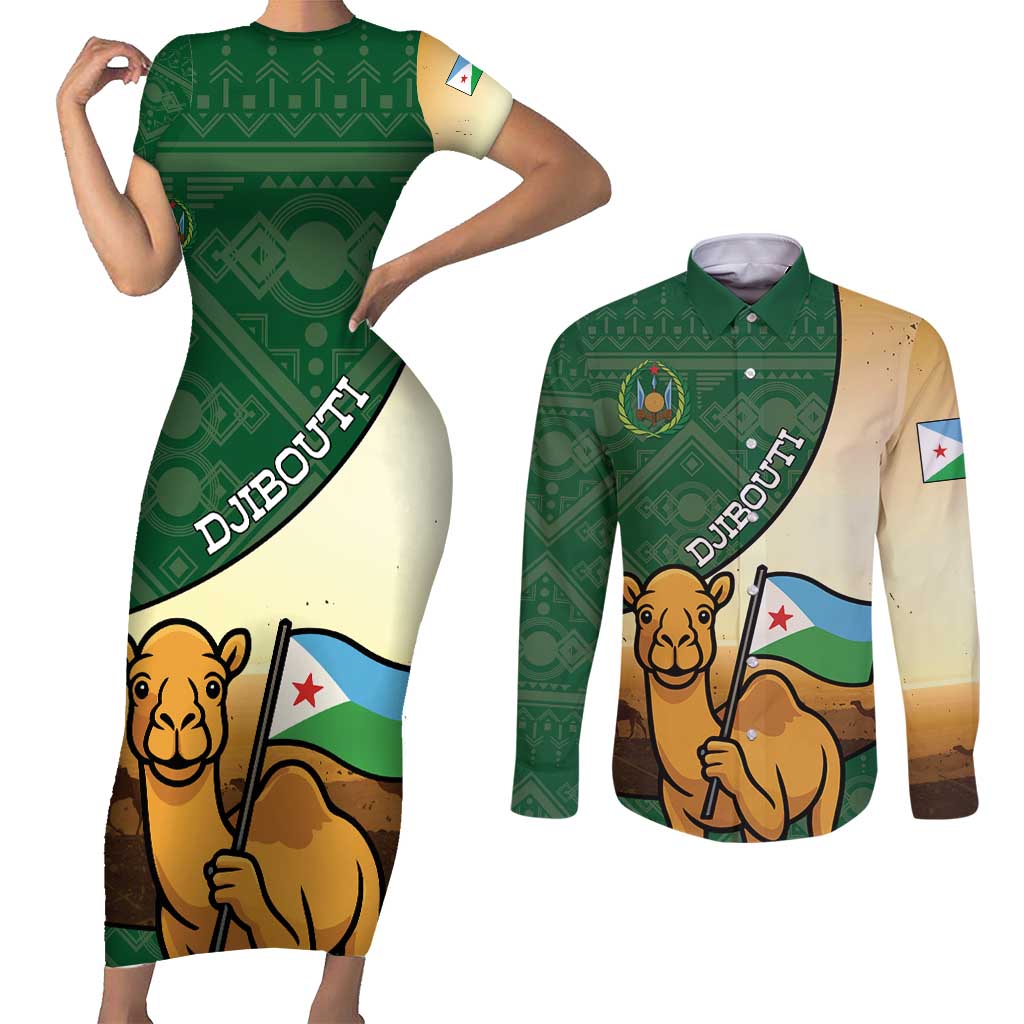 Personalized Djibouti Couples Matching Short Sleeve Bodycon Dress and Long Sleeve Button Shirt Camel Holding Jabuuti Flag