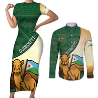 Personalized Djibouti Couples Matching Short Sleeve Bodycon Dress and Long Sleeve Button Shirt Camel Holding Jabuuti Flag