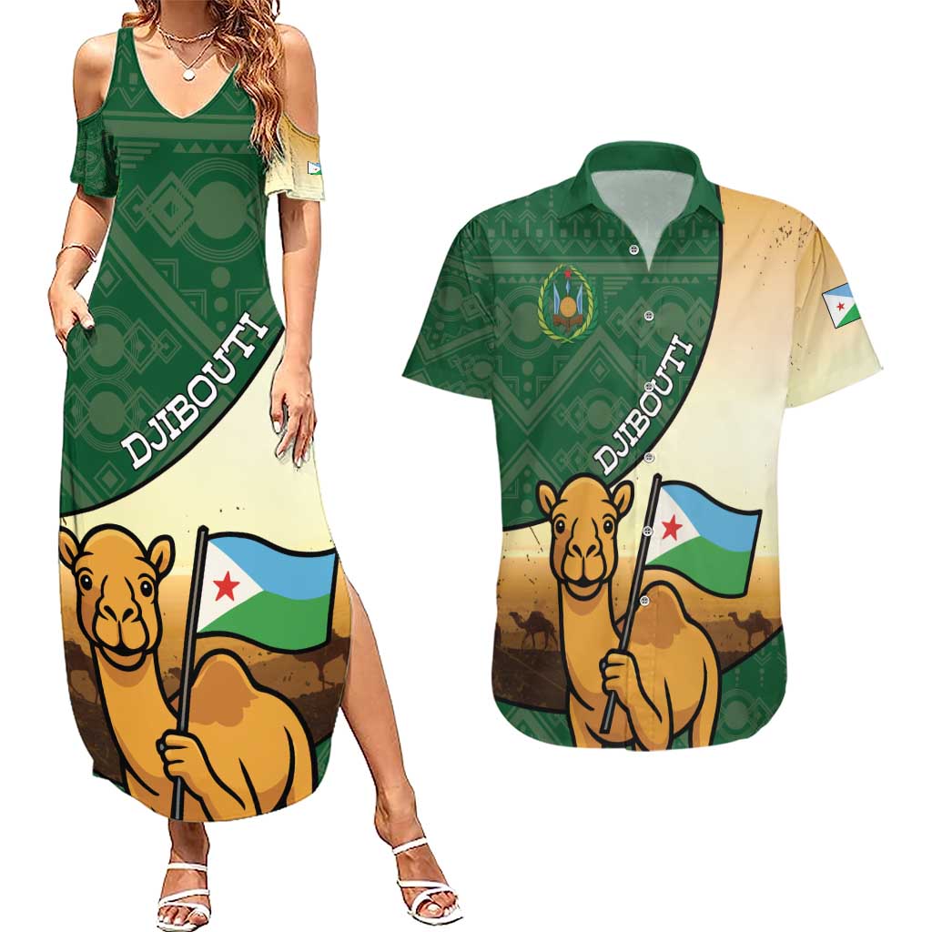 Personalized Djibouti Couples Matching Summer Maxi Dress and Hawaiian Shirt Camel Holding Jabuuti Flag