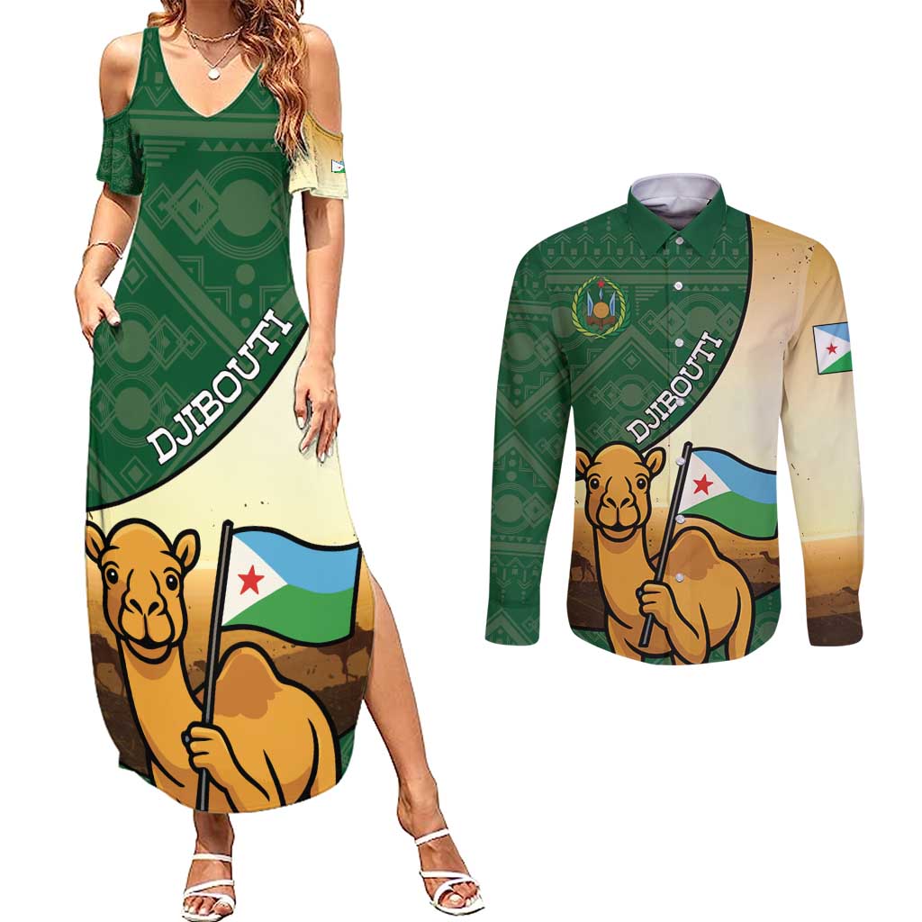 Personalized Djibouti Couples Matching Summer Maxi Dress and Long Sleeve Button Shirt Camel Holding Jabuuti Flag
