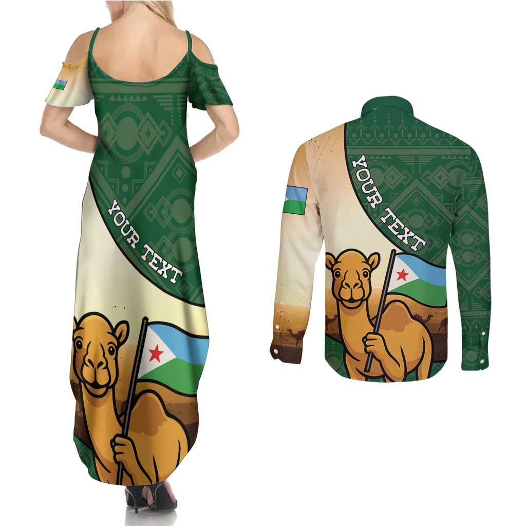 Personalized Djibouti Couples Matching Summer Maxi Dress and Long Sleeve Button Shirt Camel Holding Jabuuti Flag