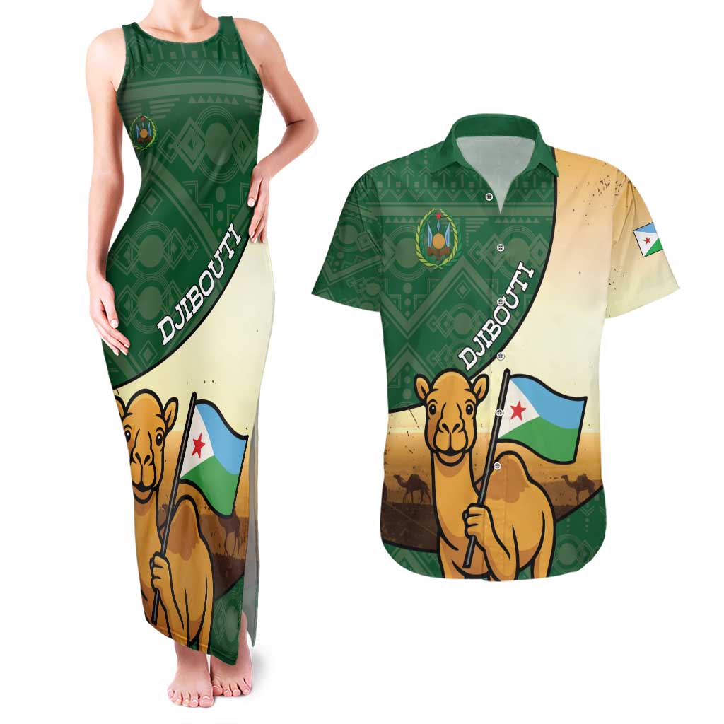 Personalized Djibouti Couples Matching Tank Maxi Dress and Hawaiian Shirt Camel Holding Jabuuti Flag