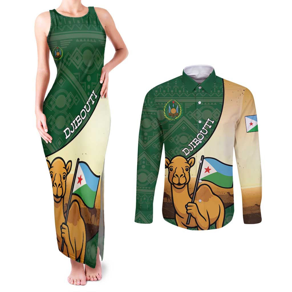 Personalized Djibouti Couples Matching Tank Maxi Dress and Long Sleeve Button Shirt Camel Holding Jabuuti Flag