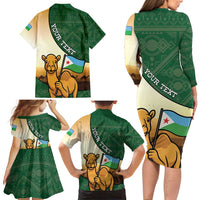 Personalized Djibouti Family Matching Long Sleeve Bodycon Dress and Hawaiian Shirt Camel Holding Jabuuti Flag