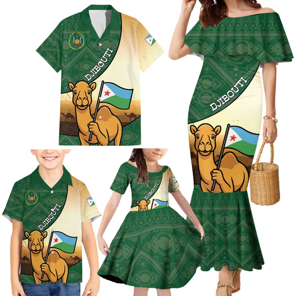 Personalized Djibouti Family Matching Mermaid Dress and Hawaiian Shirt Camel Holding Jabuuti Flag