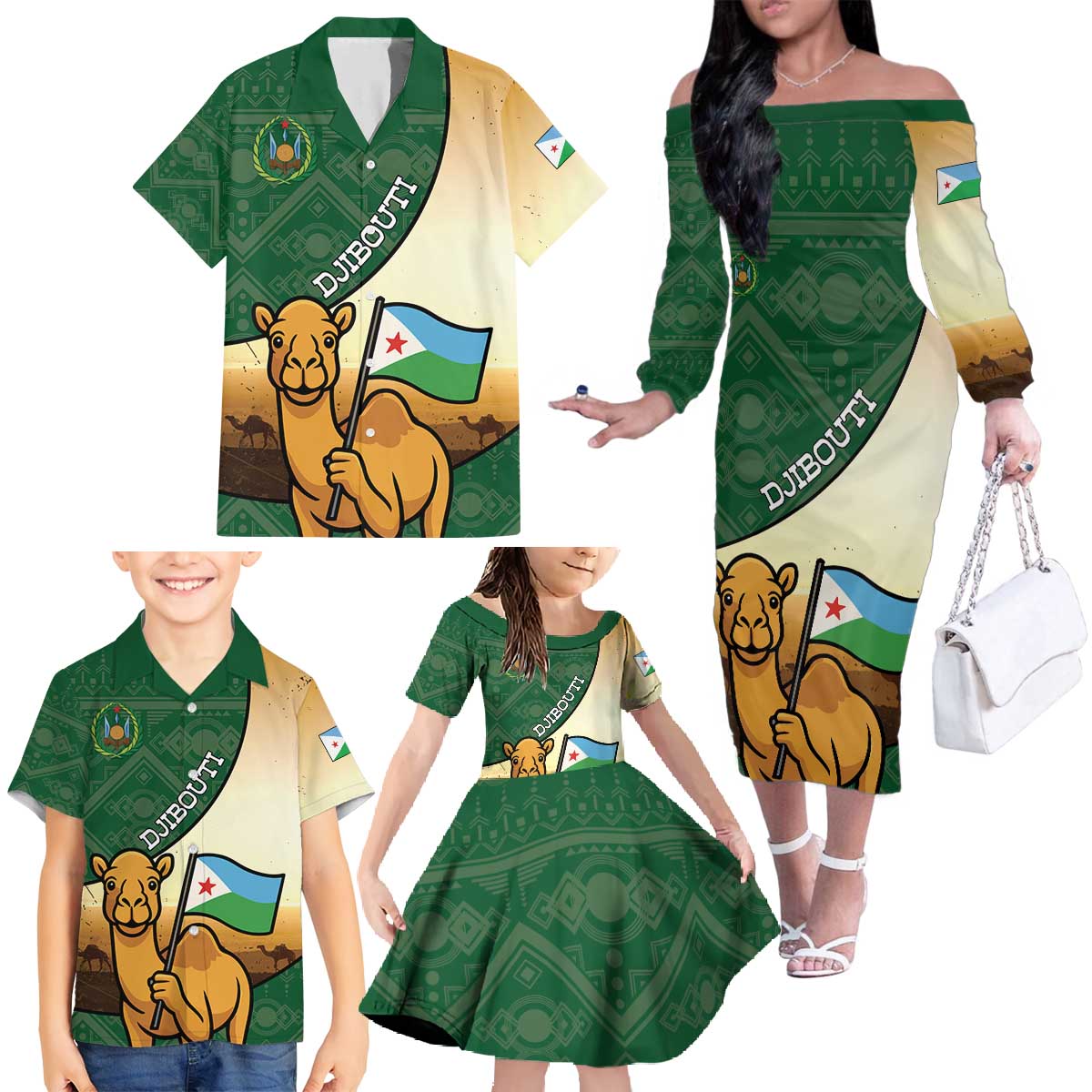 Personalized Djibouti Family Matching Off The Shoulder Long Sleeve Dress and Hawaiian Shirt Camel Holding Jabuuti Flag