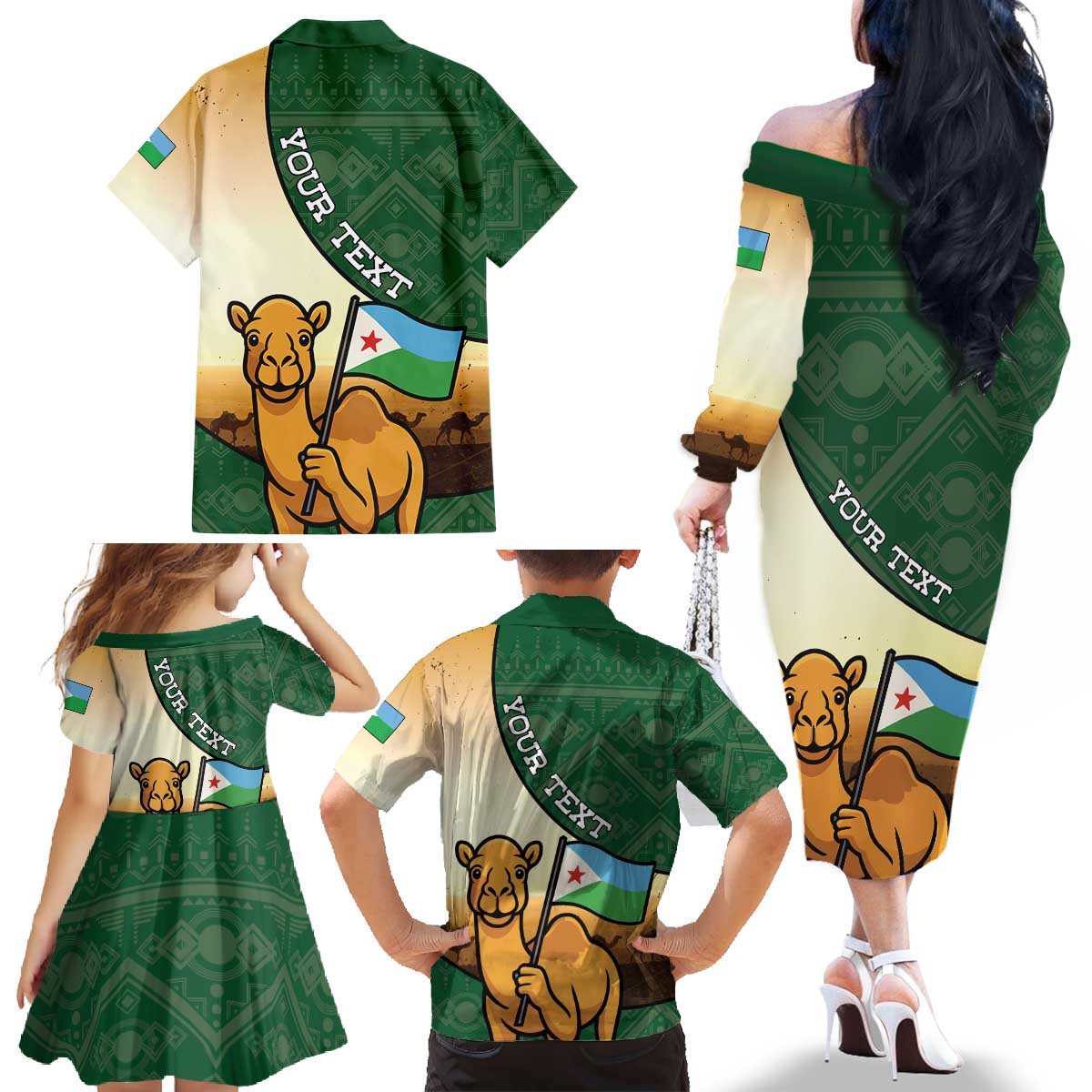 Personalized Djibouti Family Matching Off The Shoulder Long Sleeve Dress and Hawaiian Shirt Camel Holding Jabuuti Flag