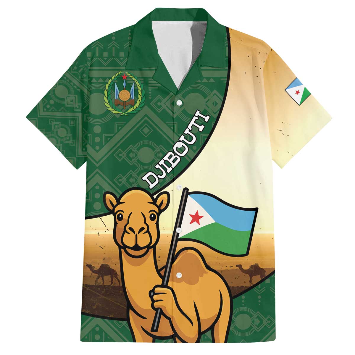 Personalized Djibouti Family Matching Off The Shoulder Long Sleeve Dress and Hawaiian Shirt Camel Holding Jabuuti Flag
