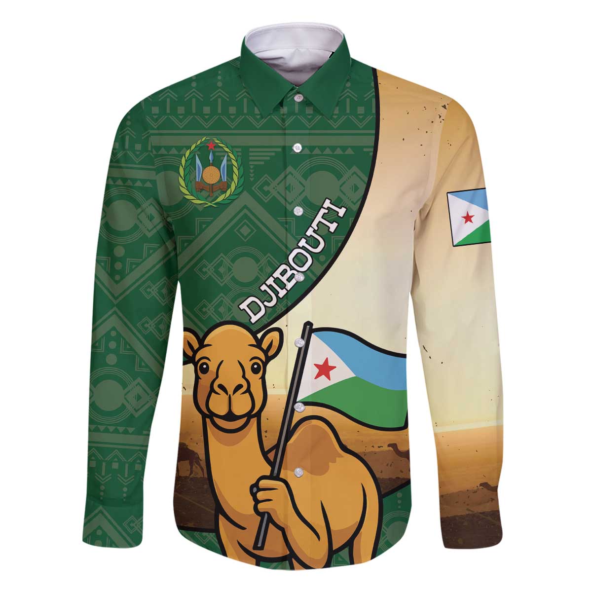 Personalized Djibouti Family Matching Off The Shoulder Long Sleeve Dress and Hawaiian Shirt Camel Holding Jabuuti Flag