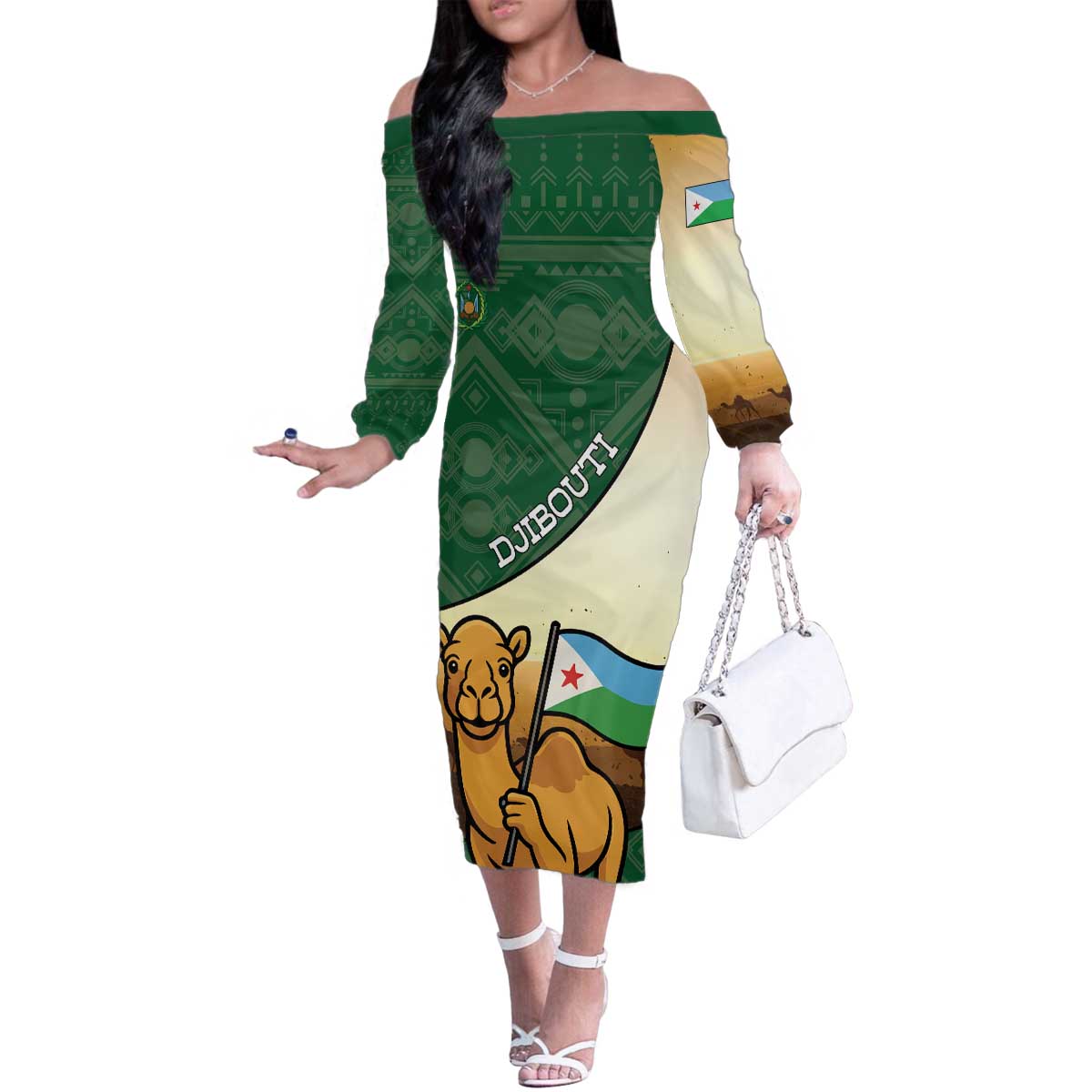 Personalized Djibouti Family Matching Off The Shoulder Long Sleeve Dress and Hawaiian Shirt Camel Holding Jabuuti Flag