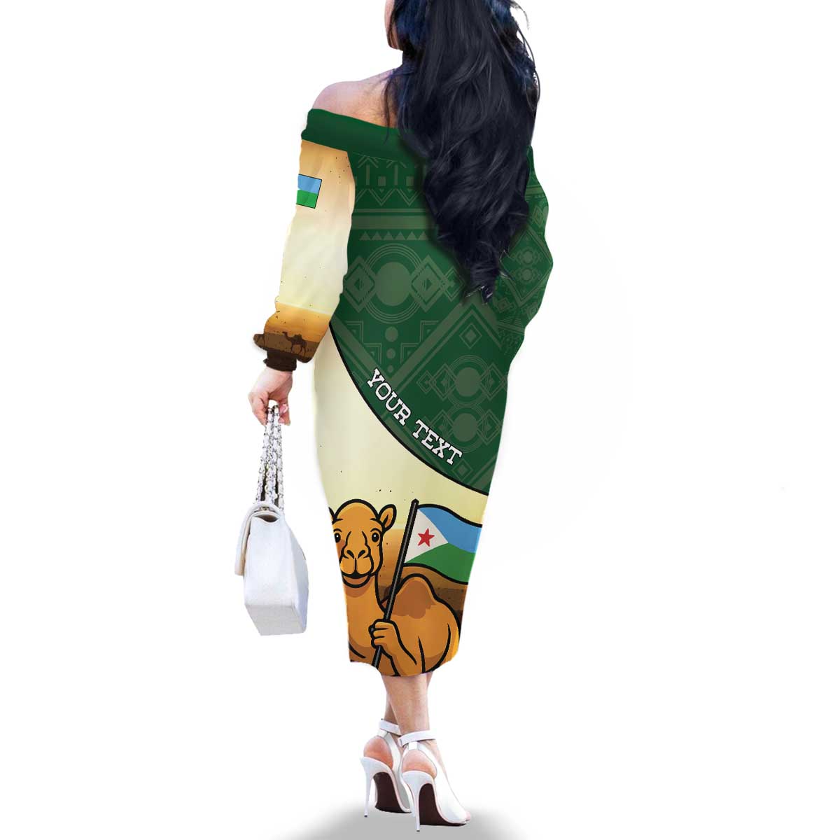 Personalized Djibouti Family Matching Off The Shoulder Long Sleeve Dress and Hawaiian Shirt Camel Holding Jabuuti Flag