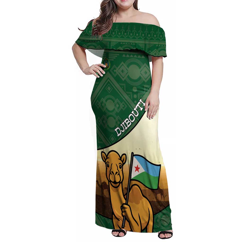 Personalized Djibouti Family Matching Off Shoulder Maxi Dress and Hawaiian Shirt Camel Holding Jabuuti Flag