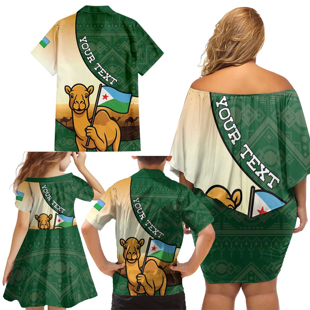 Personalized Djibouti Family Matching Off Shoulder Short Dress and Hawaiian Shirt Camel Holding Jabuuti Flag