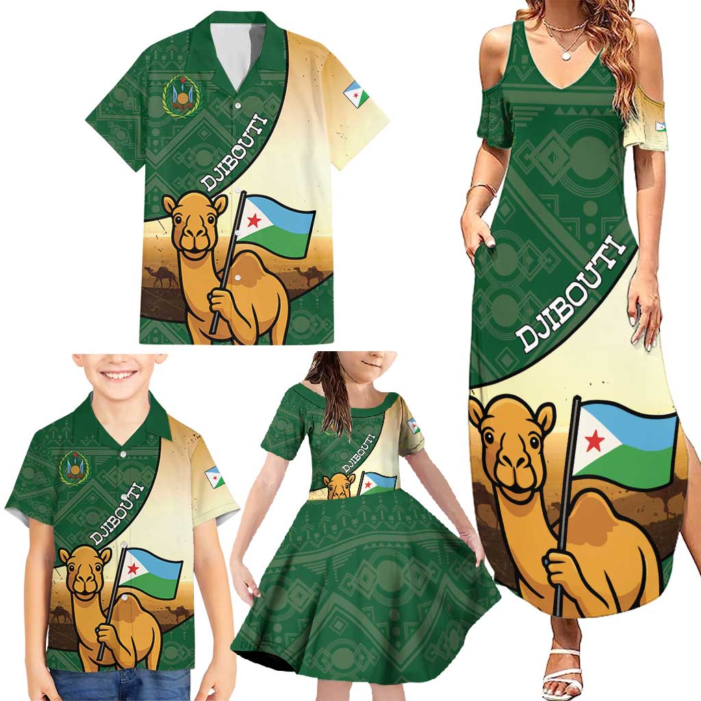 Personalized Djibouti Family Matching Summer Maxi Dress and Hawaiian Shirt Camel Holding Jabuuti Flag