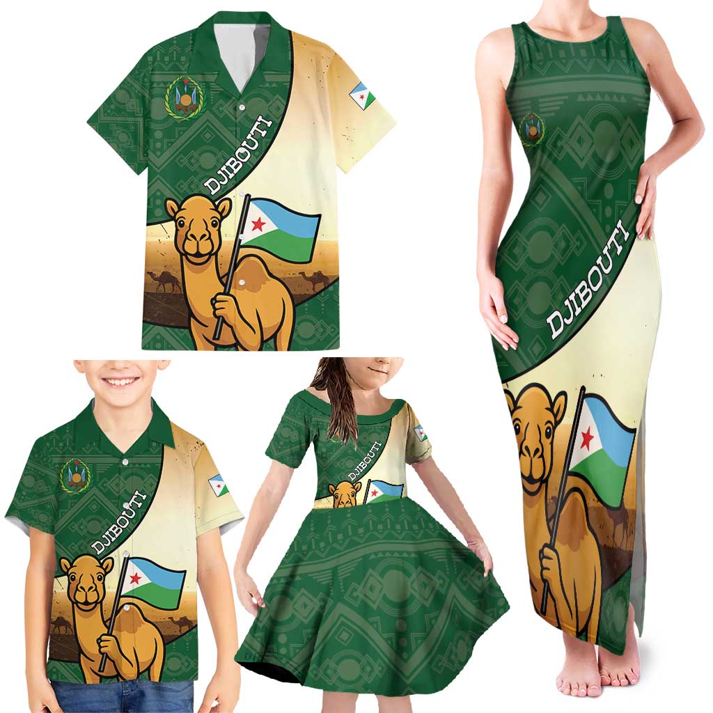 Personalized Djibouti Family Matching Tank Maxi Dress and Hawaiian Shirt Camel Holding Jabuuti Flag