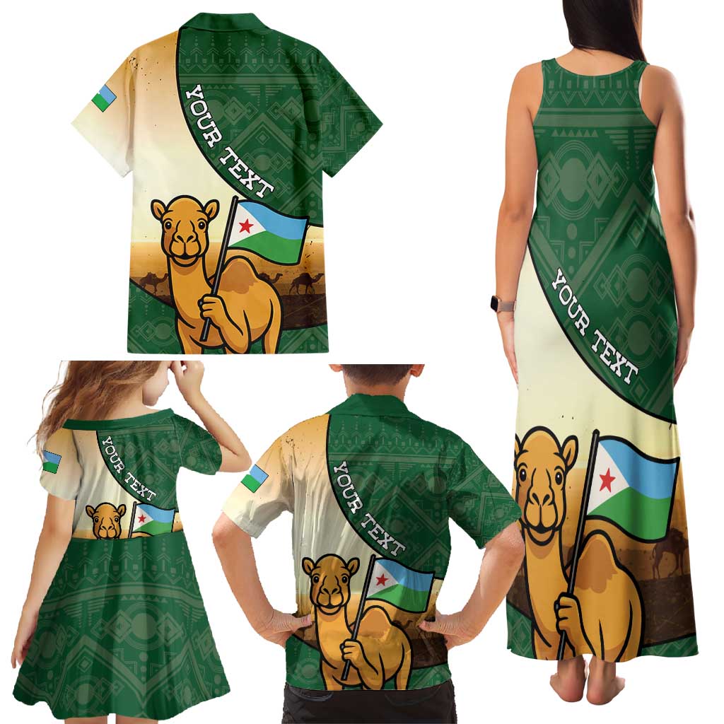 Personalized Djibouti Family Matching Tank Maxi Dress and Hawaiian Shirt Camel Holding Jabuuti Flag