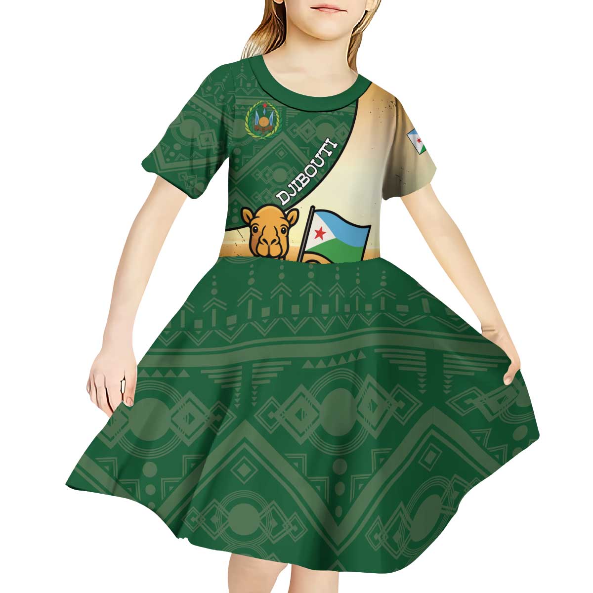 Personalized Djibouti Kid Short Sleeve Dress Camel Holding Jabuuti Flag