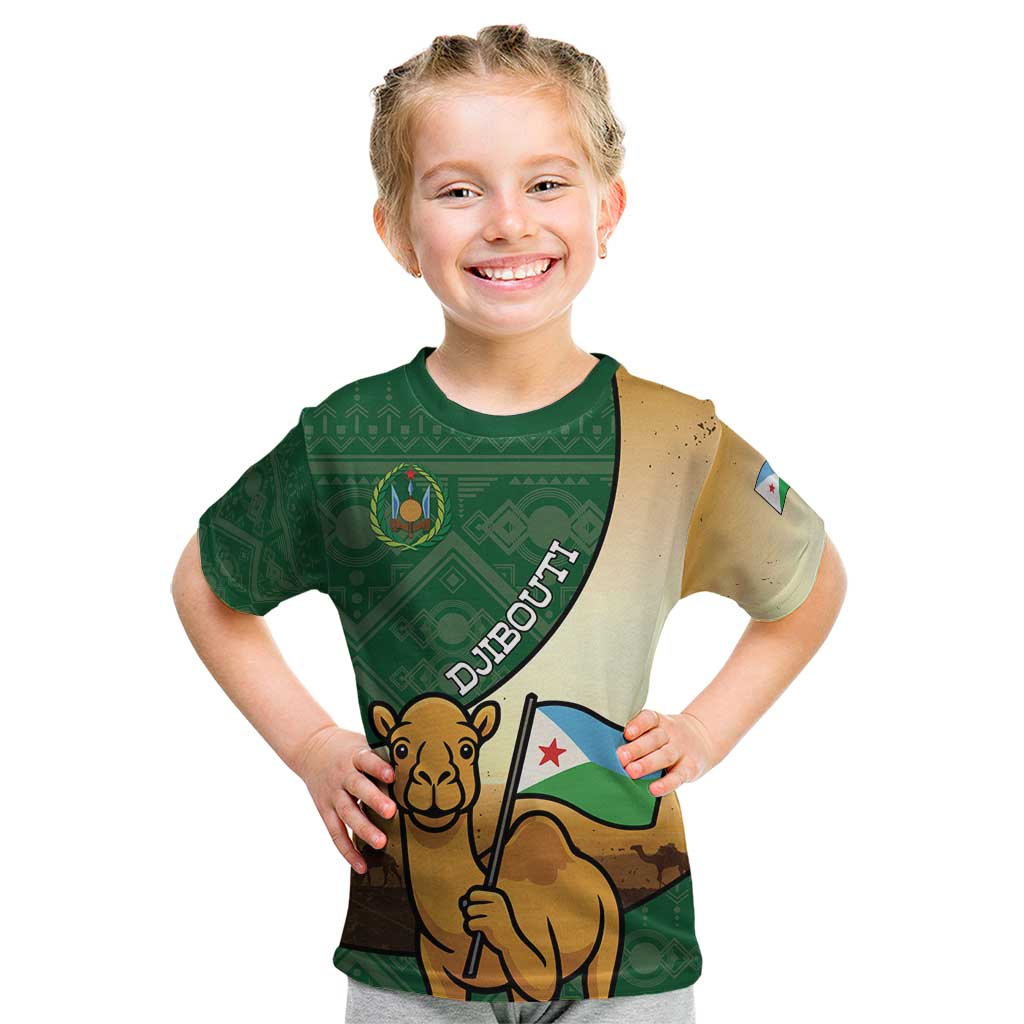 Personalized Djibouti Kid T Shirt Camel Holding Jabuuti Flag