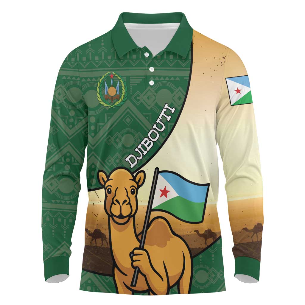 Personalized Djibouti Long Sleeve Polo Shirt Camel Holding Jabuuti Flag