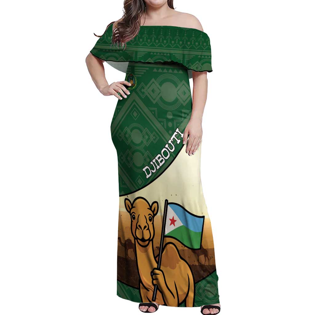 Personalized Djibouti Off Shoulder Maxi Dress Camel Holding Jabuuti Flag