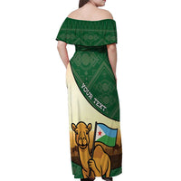 Personalized Djibouti Off Shoulder Maxi Dress Camel Holding Jabuuti Flag