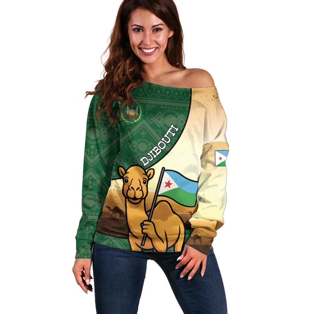 Personalized Djibouti Off Shoulder Sweater Camel Holding Jabuuti Flag