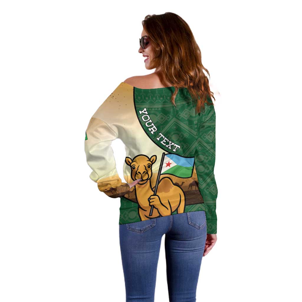 Personalized Djibouti Off Shoulder Sweater Camel Holding Jabuuti Flag