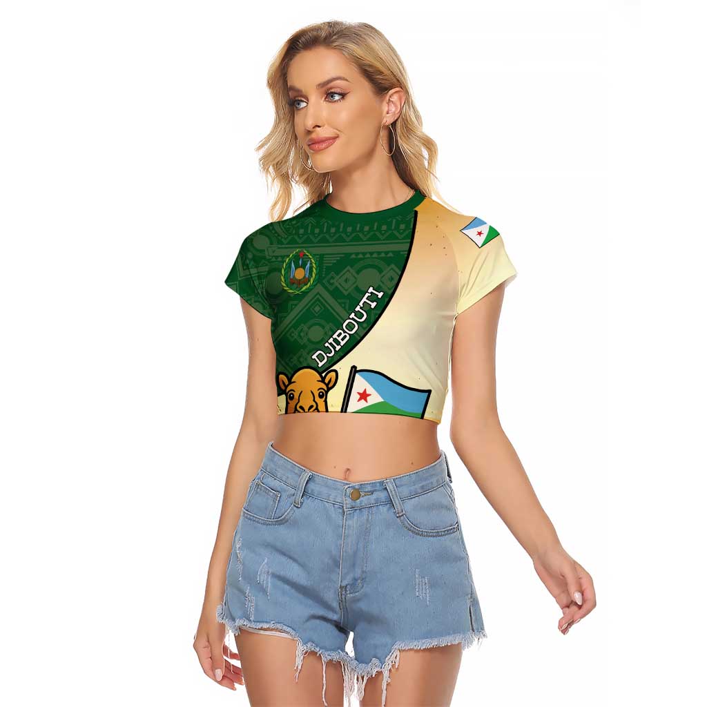 Personalized Djibouti Raglan Cropped T Shirt Camel Holding Jabuuti Flag