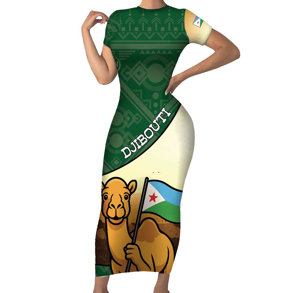 Personalized Djibouti Short Sleeve Bodycon Dress Camel Holding Jabuuti Flag