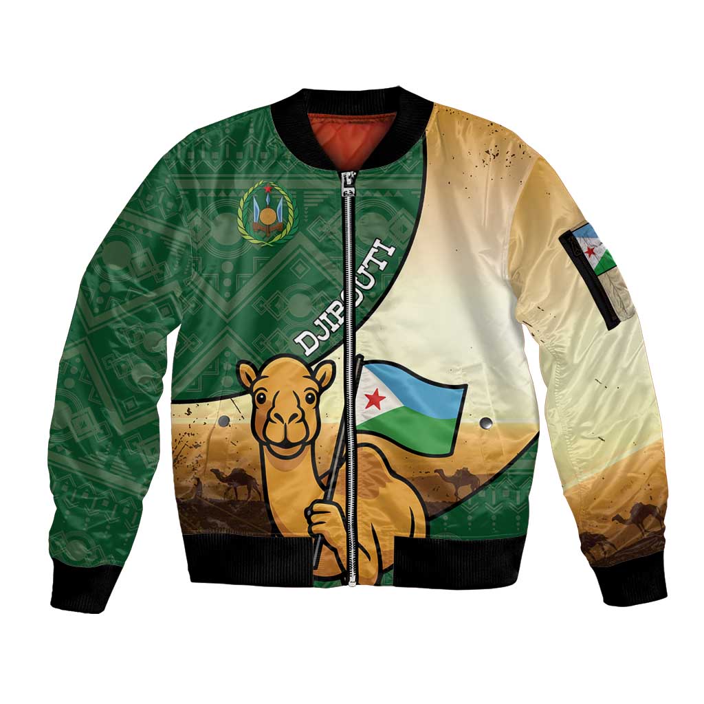 Personalized Djibouti Sleeve Zip Bomber Jacket Camel Holding Jabuuti Flag