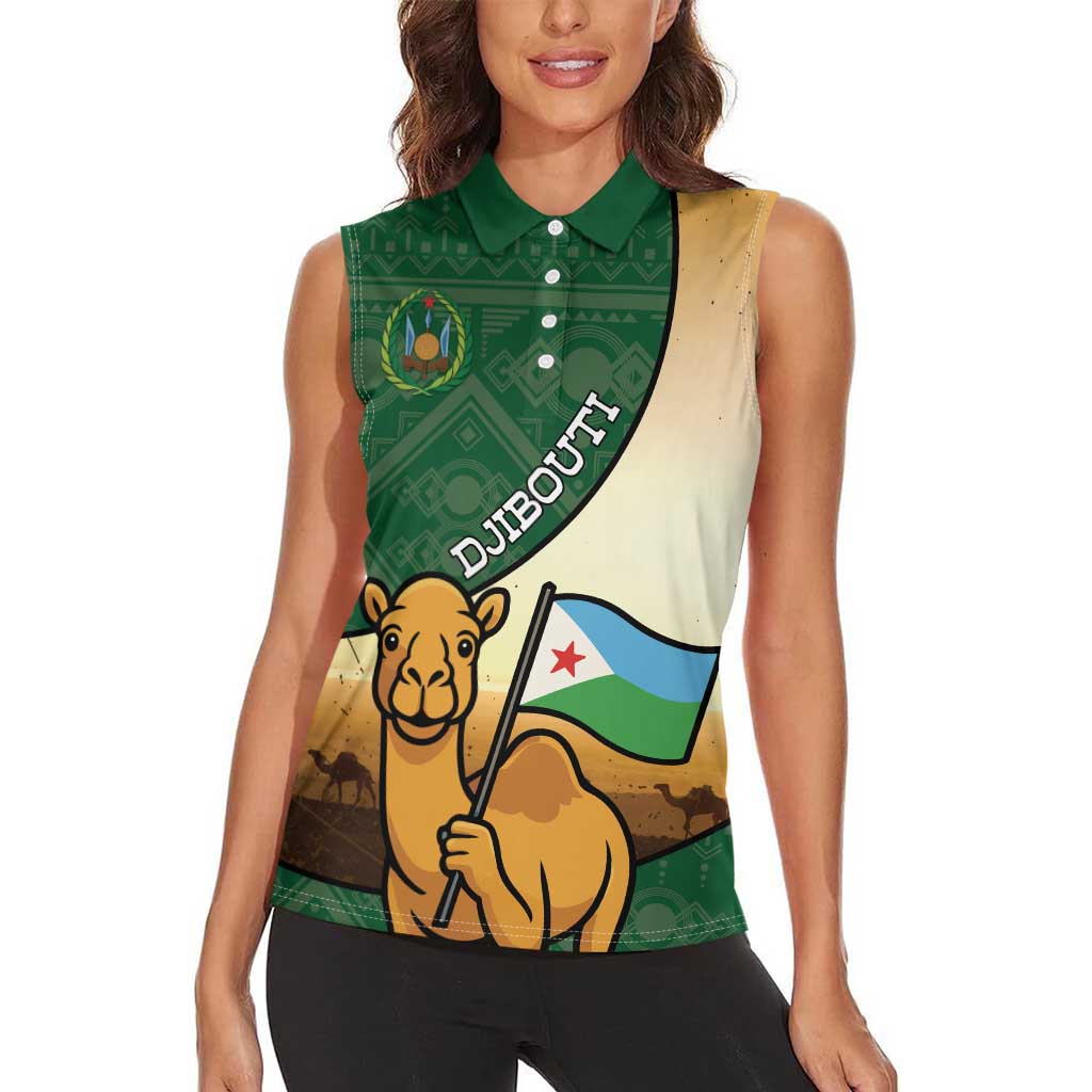 Personalized Djibouti Women Sleeveless Polo Shirt Camel Holding Jabuuti Flag