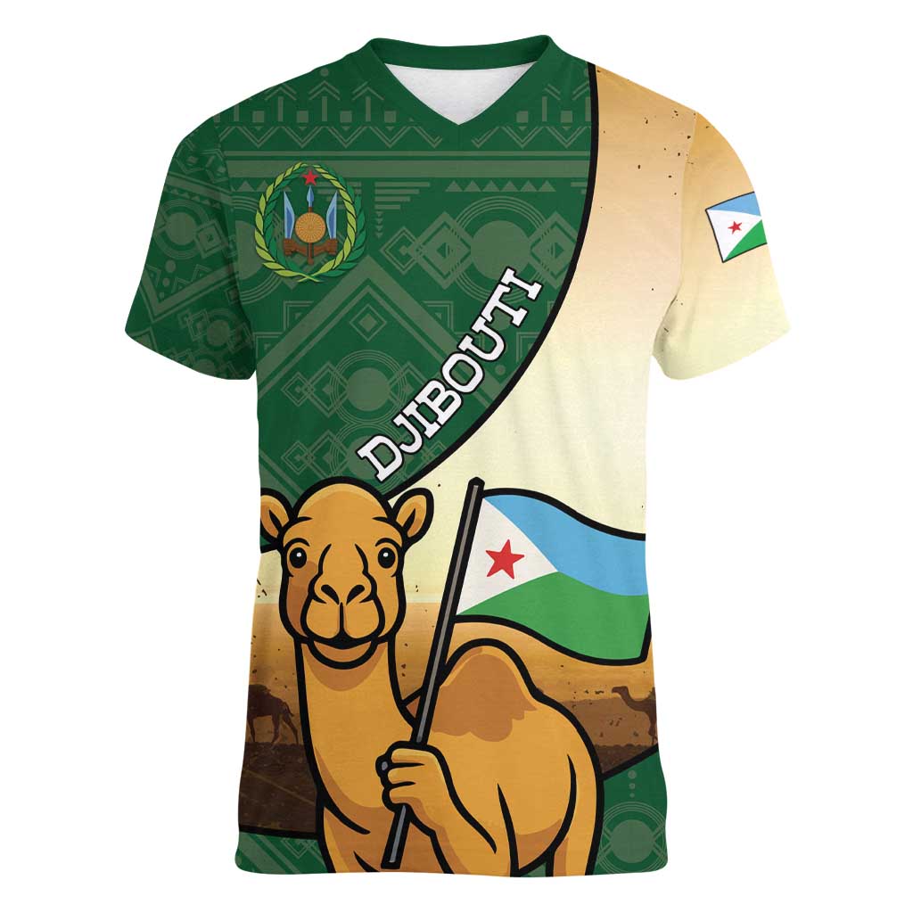 Personalized Djibouti Women V-Neck T-Shirt Camel Holding Jabuuti Flag