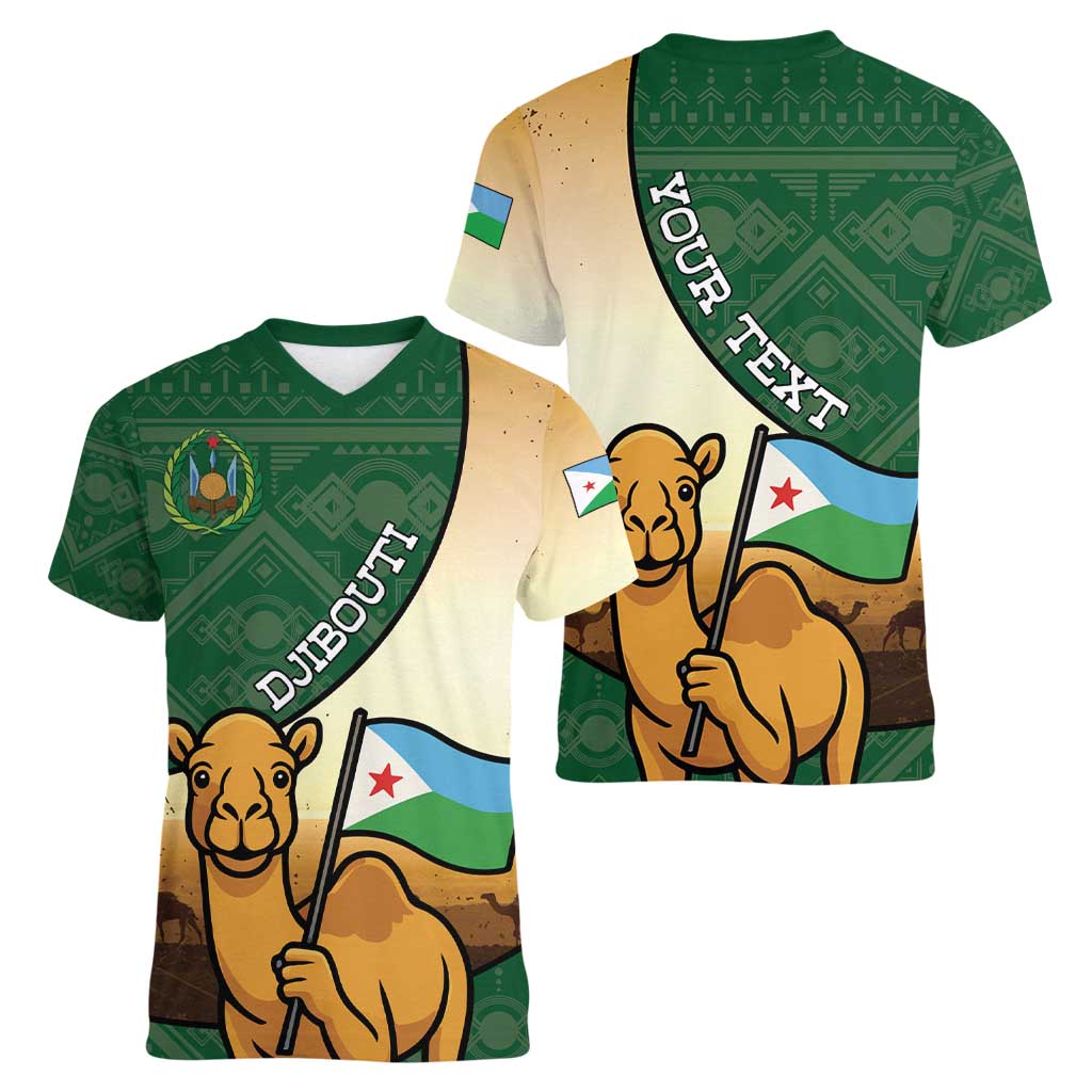 Personalized Djibouti Women V-Neck T-Shirt Camel Holding Jabuuti Flag