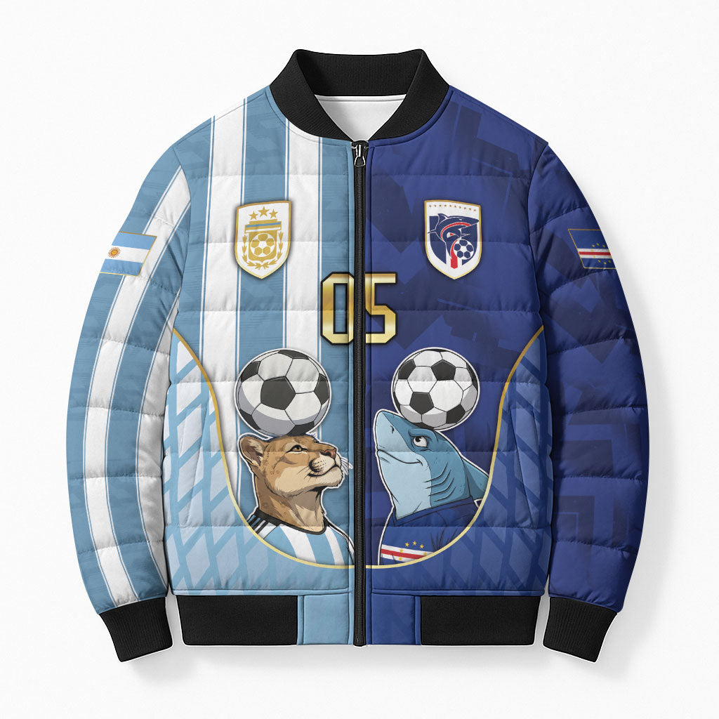 Custom Argentine And Cape Verde Football Bomber Puffer Jacket Split Flag Puma Shark Soccer