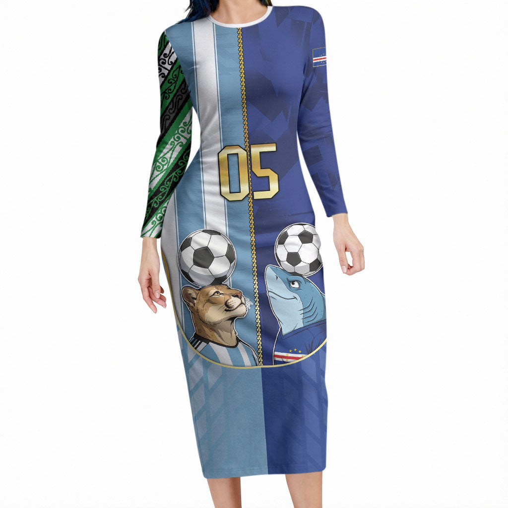 Custom Argentine And Cape Verde Football Long Sleeve Bodycon Dress Split Flag Puma Shark Soccer