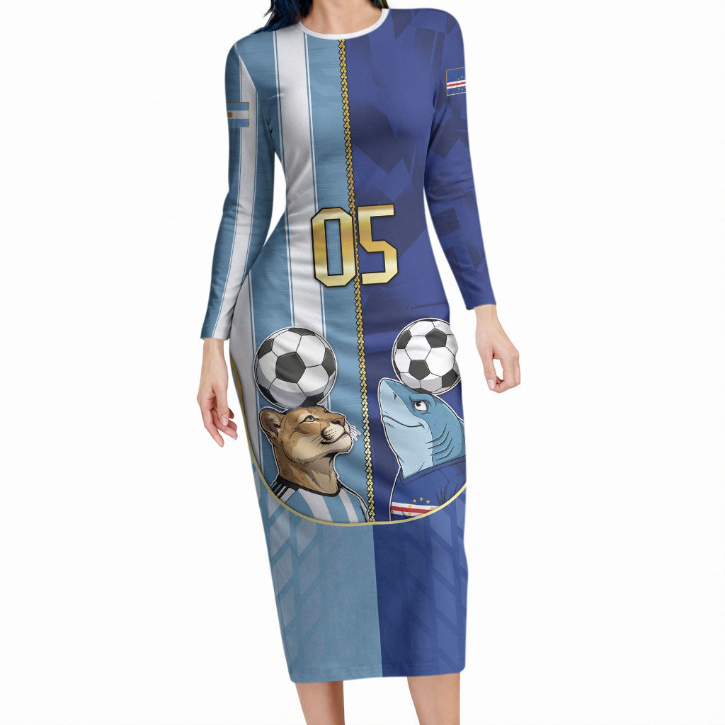 Custom Argentine And Cape Verde Football Long Sleeve Bodycon Dress Split Flag Puma Shark Soccer DT05