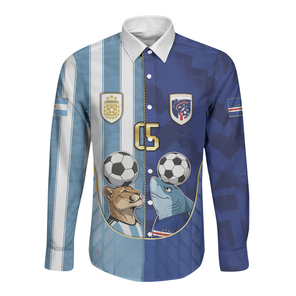 Custom Argentine And Cape Verde Football Long Sleeve Button Shirt Split Flag Puma Shark Soccer