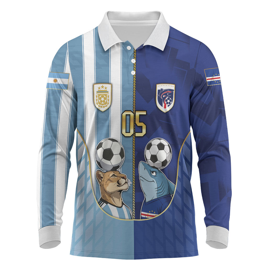 Custom Argentine And Cape Verde Football Long Sleeve Polo Shirt Split Flag Puma Shark Soccer