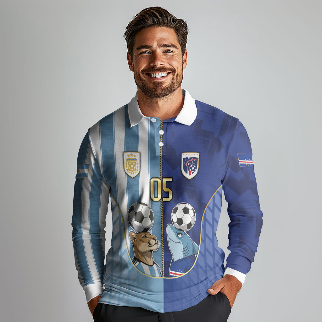Custom Argentine And Cape Verde Football Long Sleeve Polo Shirt Split Flag Puma Shark Soccer