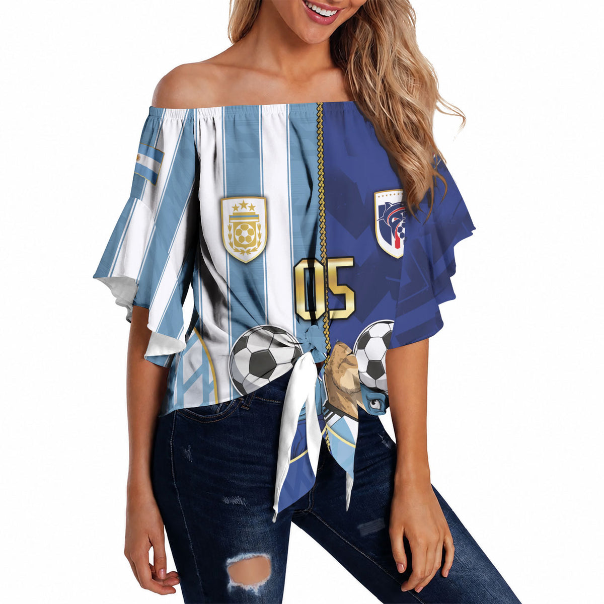 Custom Argentine And Cape Verde Football Off Shoulder Wrap Waist Top Split Flag Puma Shark Soccer