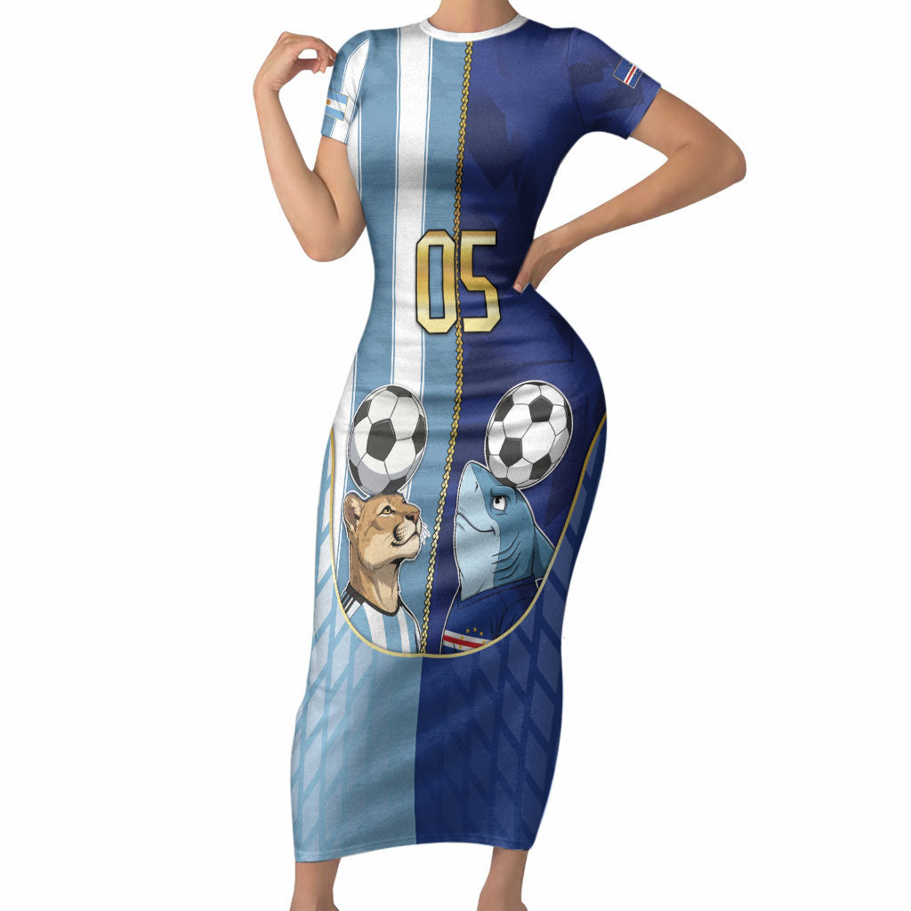 Custom Argentine And Cape Verde Football Short Sleeve Bodycon Dress Split Flag Puma Shark Soccer