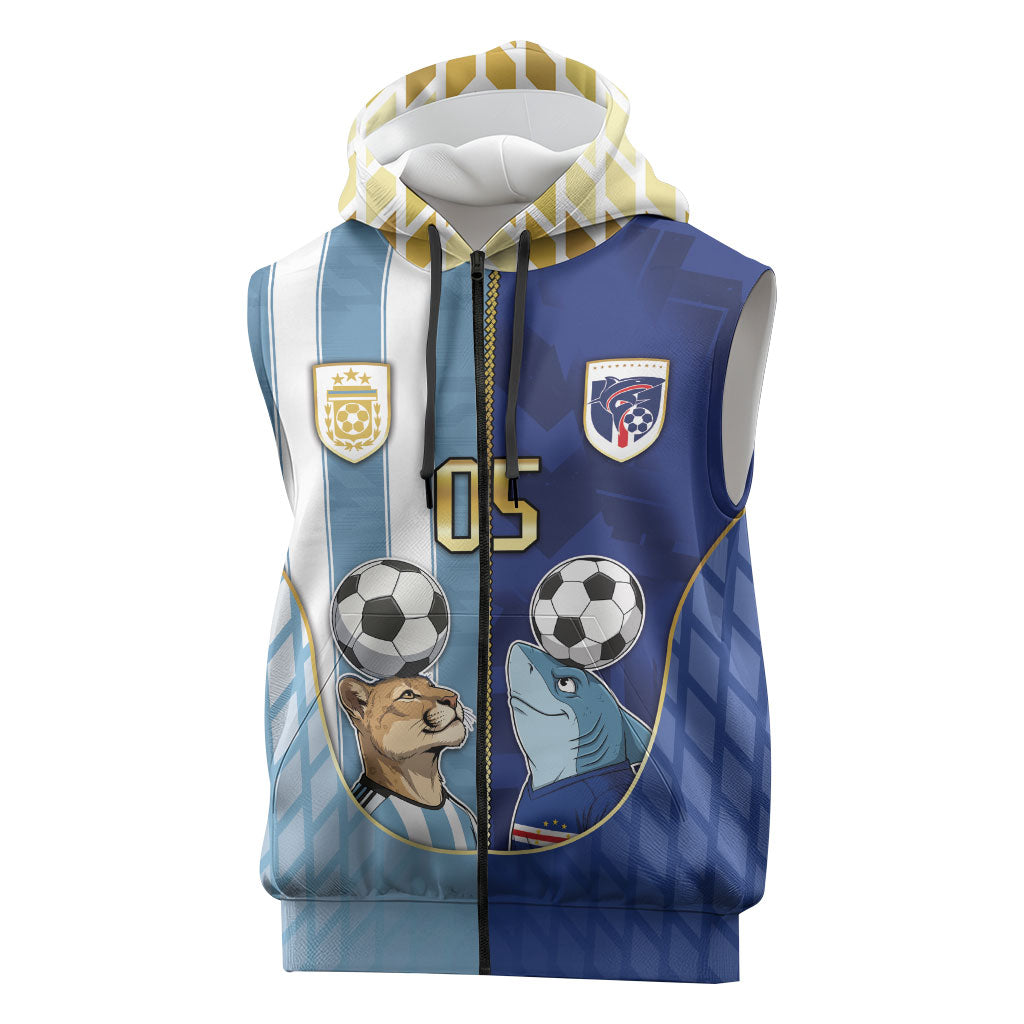 Custom Argentine And Cape Verde Football Sleeveless Zip Hoodie Split Flag Puma Shark Soccer