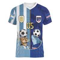 Custom Argentine And Cape Verde Football Women V-Neck T-Shirt Split Flag Puma Shark Soccer